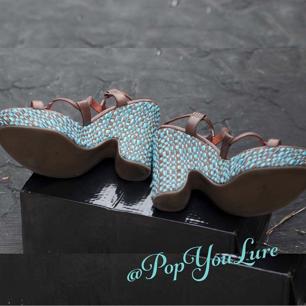 Via Spiga Turquoise Brown Basket Weave platform Shoes - Picture 3 of 5